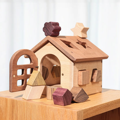 Solid Wood Montessori Shape Sorting House – 12 Natural Chunky Blocks