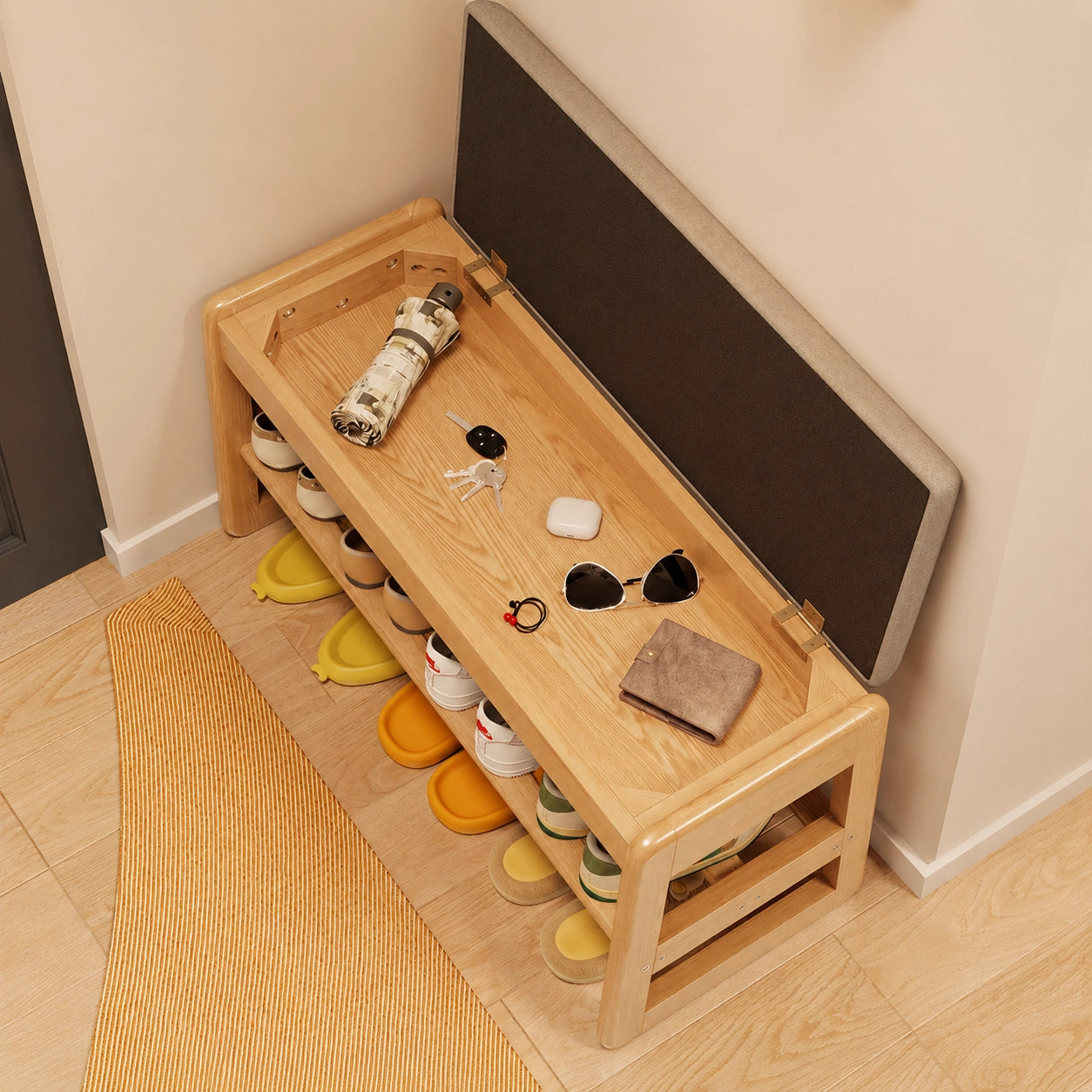 Entryway Shoe Storage Bench with Padded Cushion, Solid Rubberwood