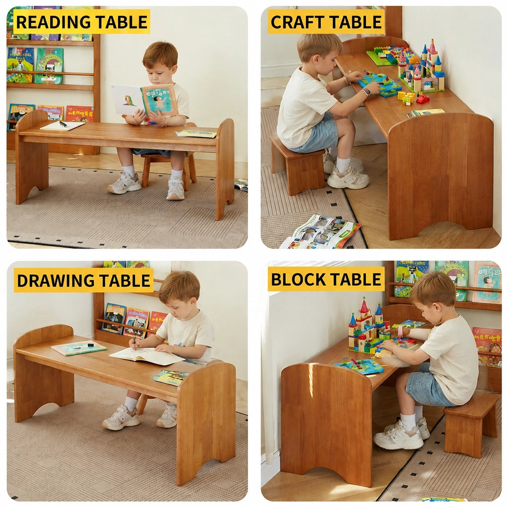 Kids Activity Table and Stool, Solid Rubber Wood