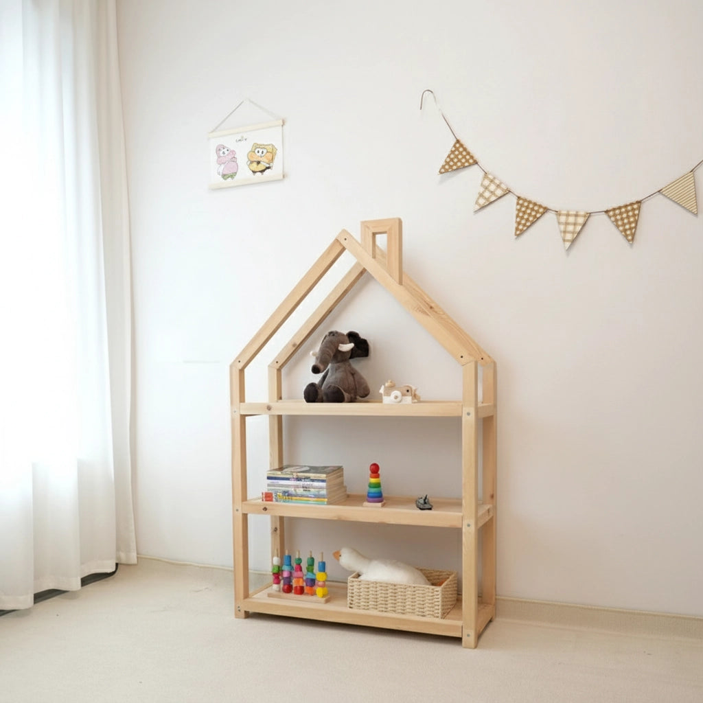 House-Shaped Montessori Toy Shelf, Solid Pine