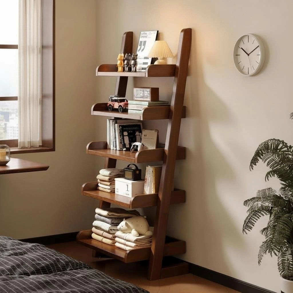 Leaning Ladder Bookshelf, Solid Rubberwood