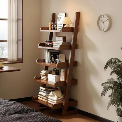 Leaning Ladder Bookshelf, Solid Rubberwood
