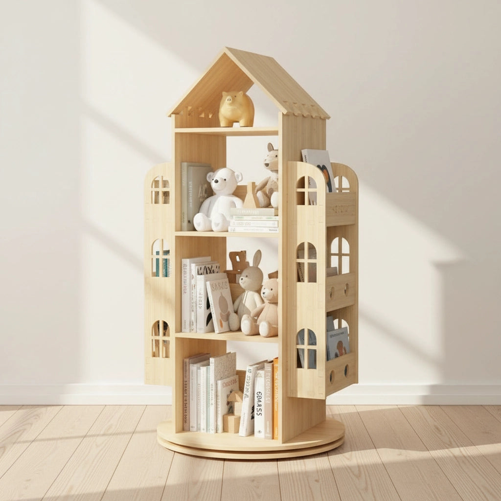 House-Shaped Montessori Rotating Bookshelf, Solid Pine