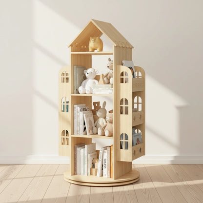 House-Shaped Montessori Rotating Bookshelf, Solid Pine