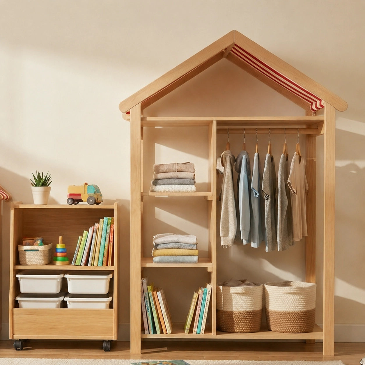 House-Shaped Kids Clothing Rack and Storage Wardrobe, Solid Wood