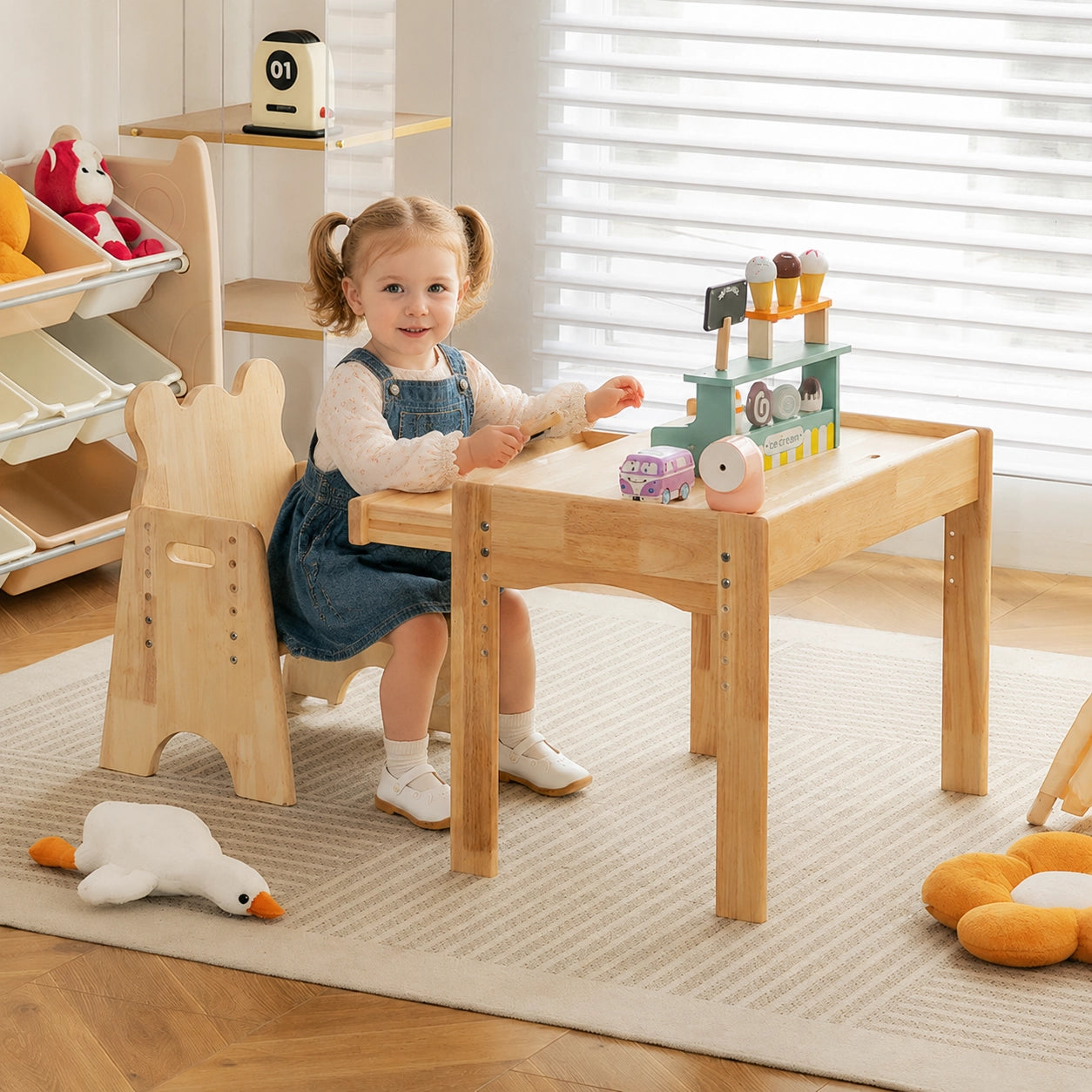 Adjustable Toddler Desk and Chair Set with Drawer, Solid Rubber Wood