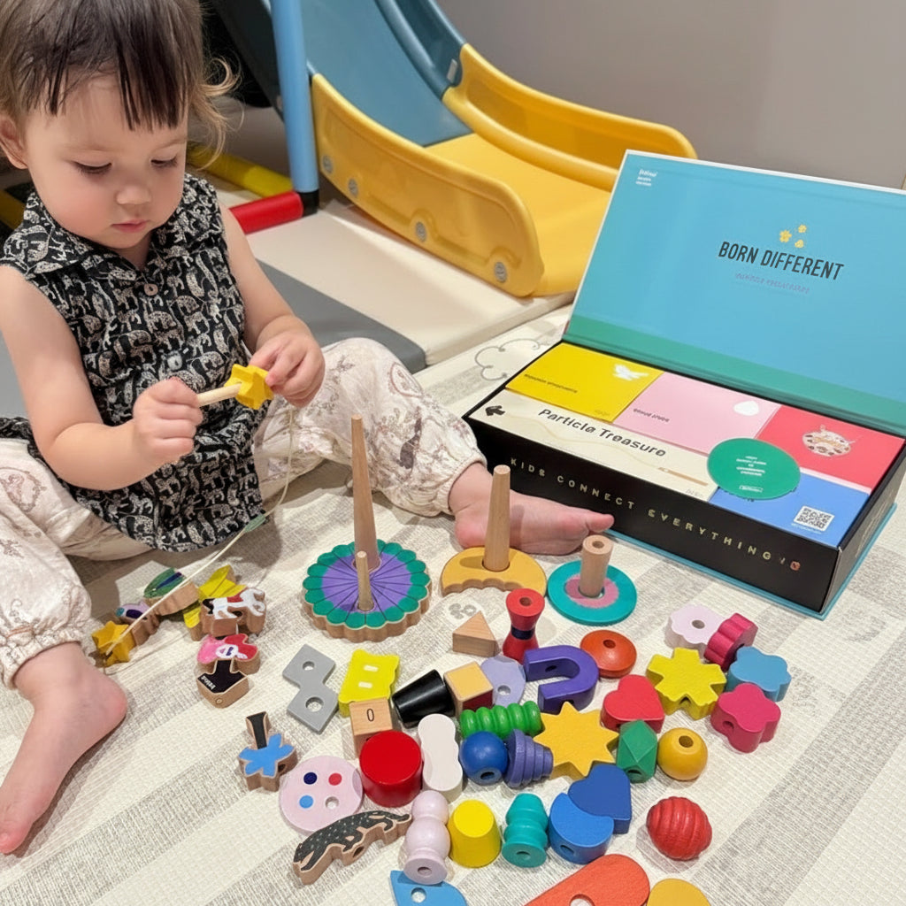 Toddler Lacing and Stacking Blocks Set, Solid Beech Wood