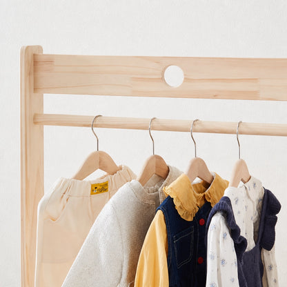 Kids Garment Rack with Rattan Storage Cabinet, Solid Pine