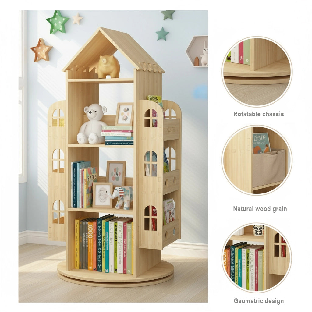 House-Shaped Montessori Rotating Bookshelf, Solid Pine