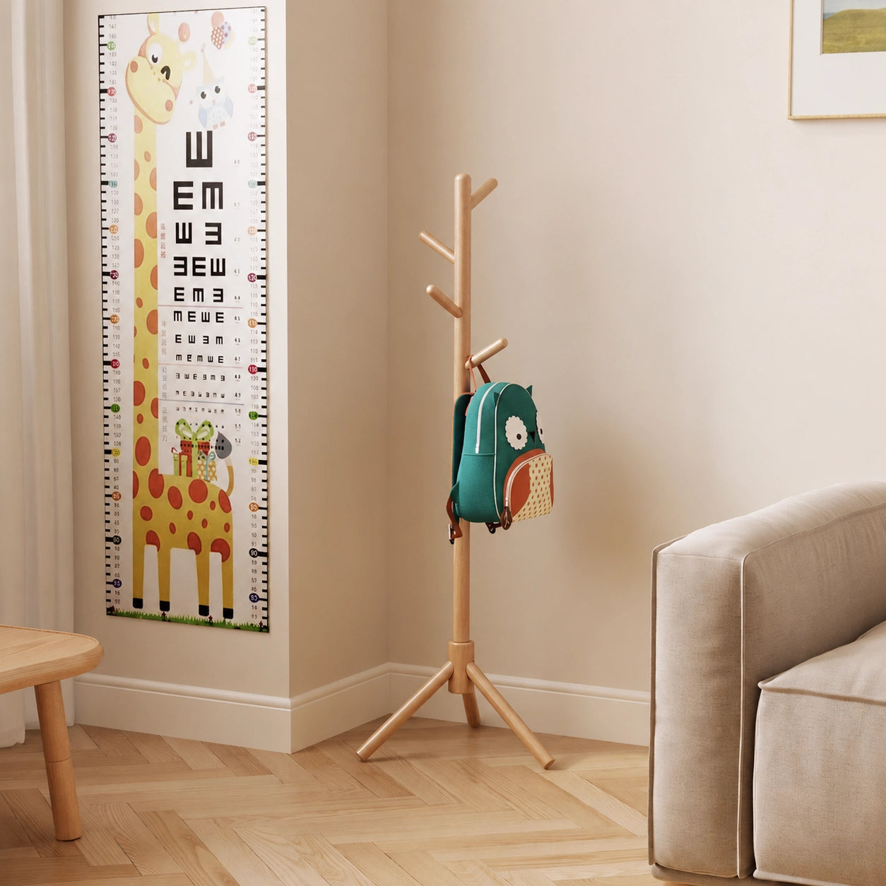 Adjustable Tree Coat Rack for Kids, Solid Wood