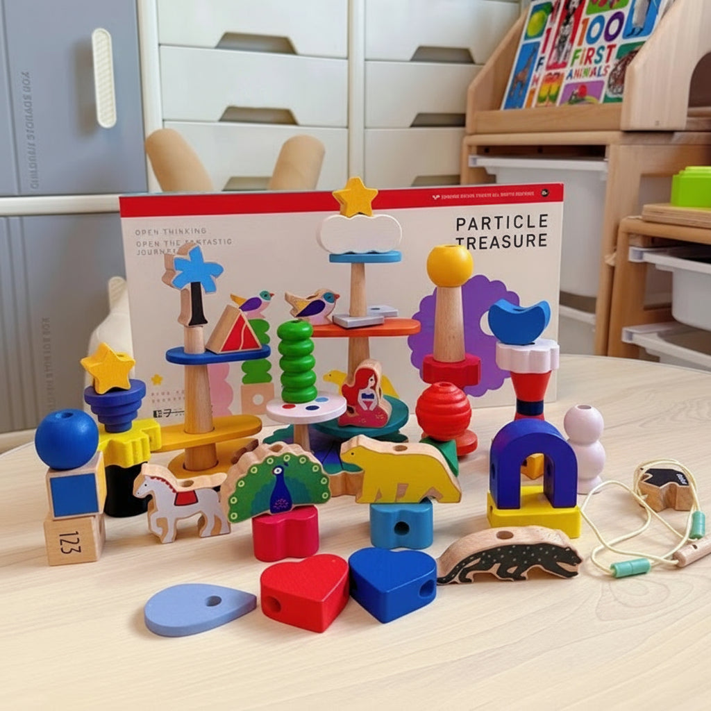 Toddler Lacing and Stacking Blocks Set, Solid Beech Wood
