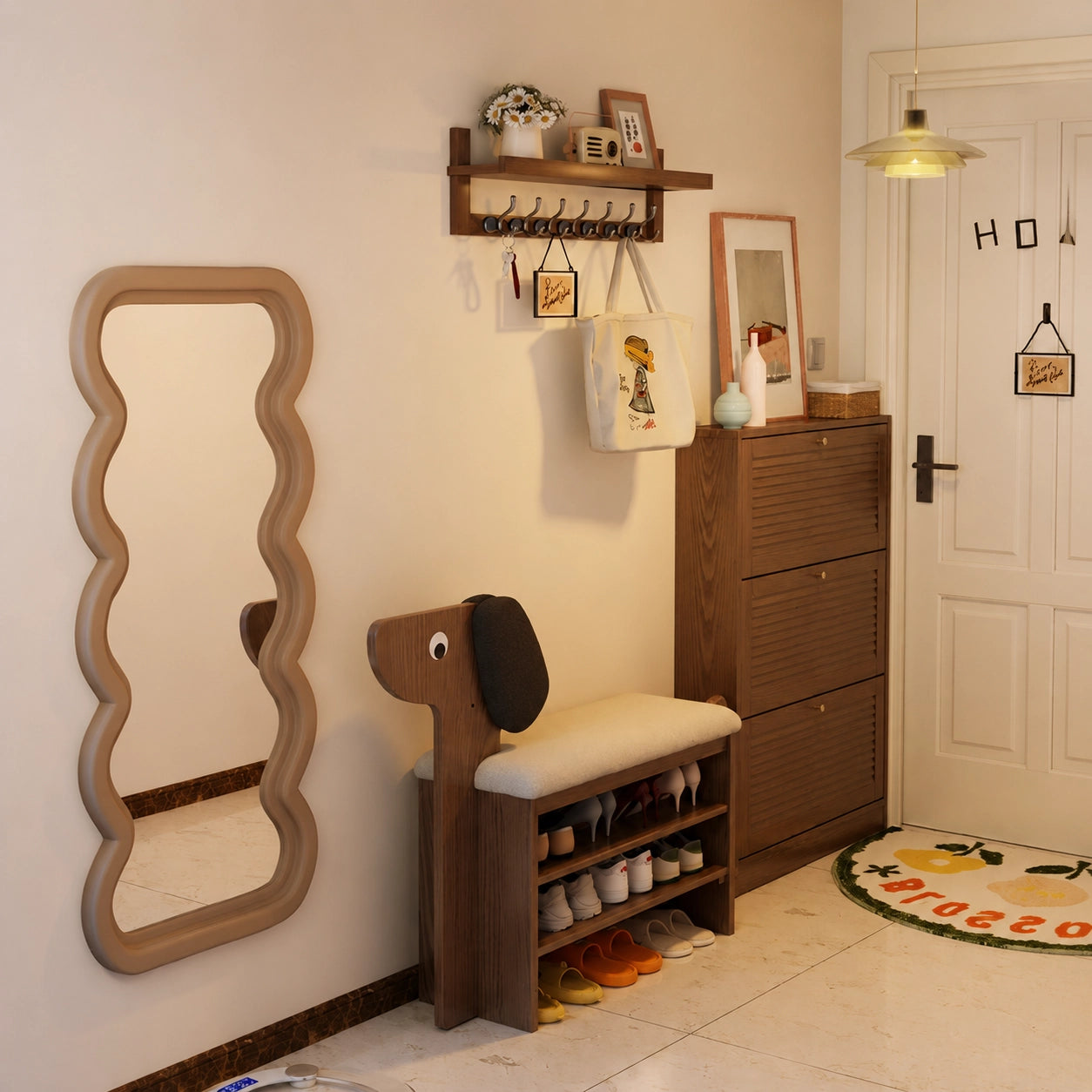 Dog-Shaped Shoe Storage Bench with Padded Seat, Solid Rubber Wood