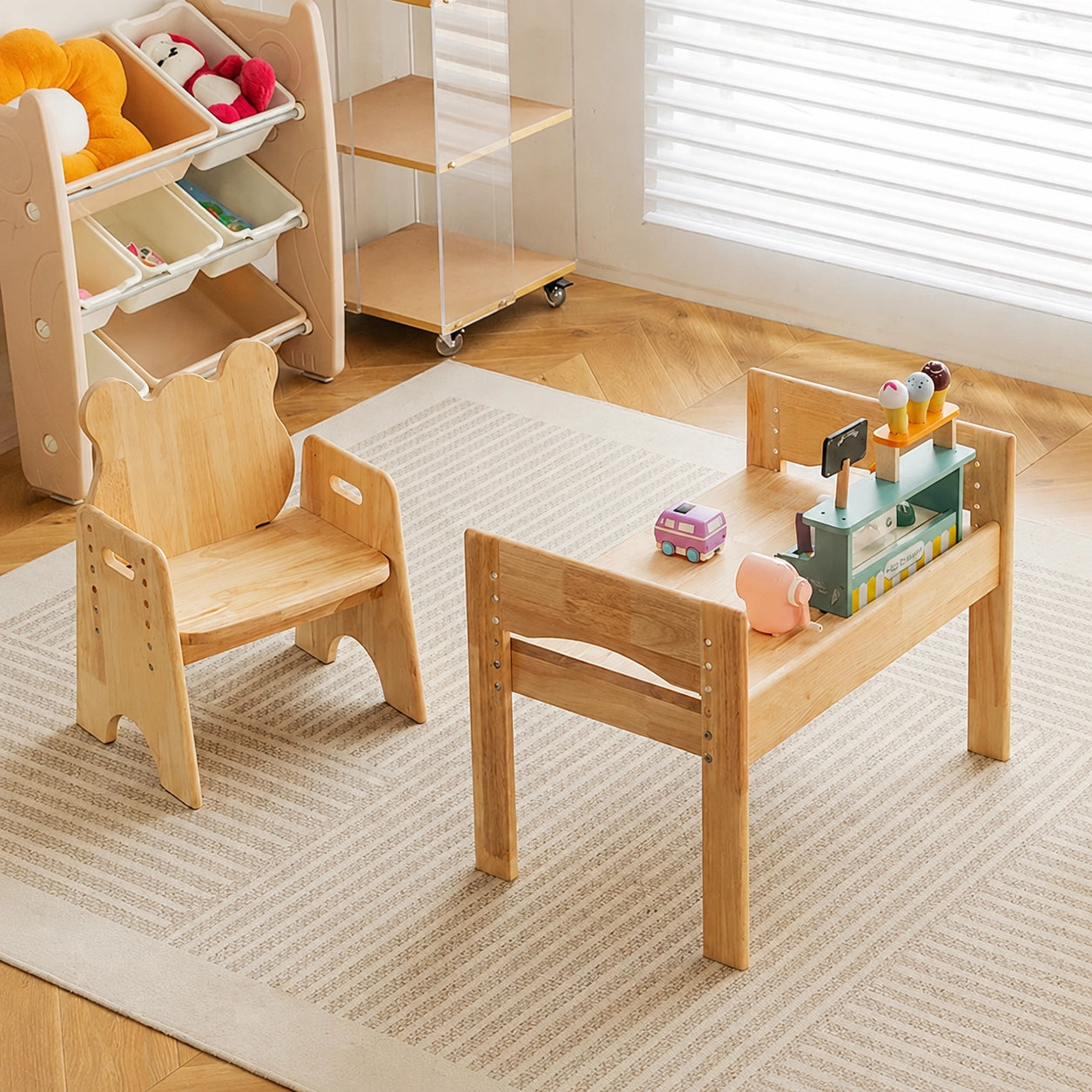 Adjustable Toddler Desk and Chair Set with Drawer, Solid Rubber Wood