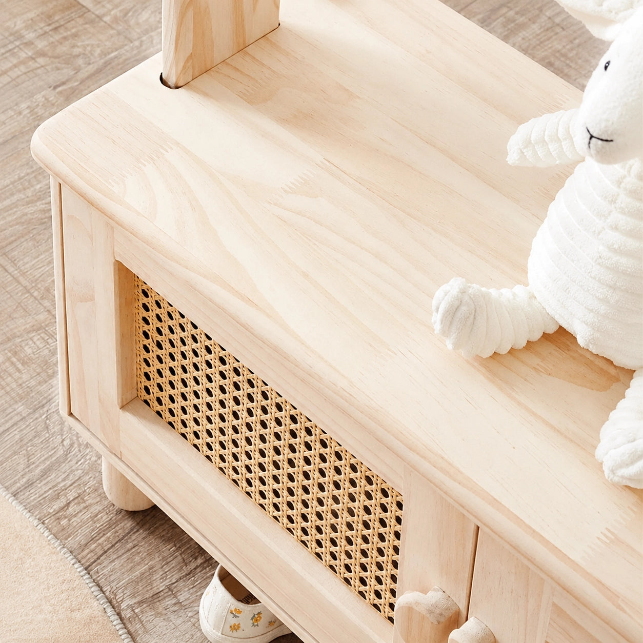 Kids Garment Rack with Rattan Storage Cabinet, Solid Pine