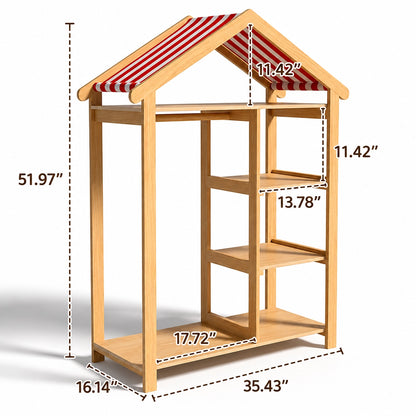 House-Shaped Kids Clothing Rack and Storage Wardrobe, Solid Wood