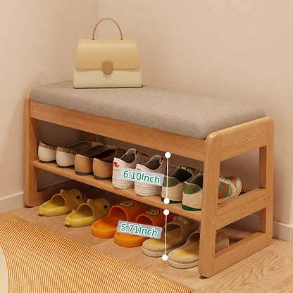 Entryway Shoe Storage Bench with Padded Cushion, Solid Rubberwood