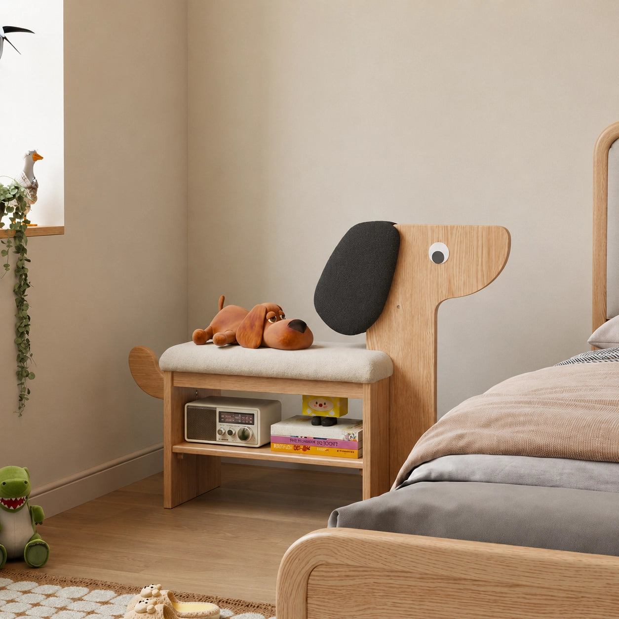 Dog-Shaped Shoe Storage Bench with Padded Seat, Solid Rubber Wood