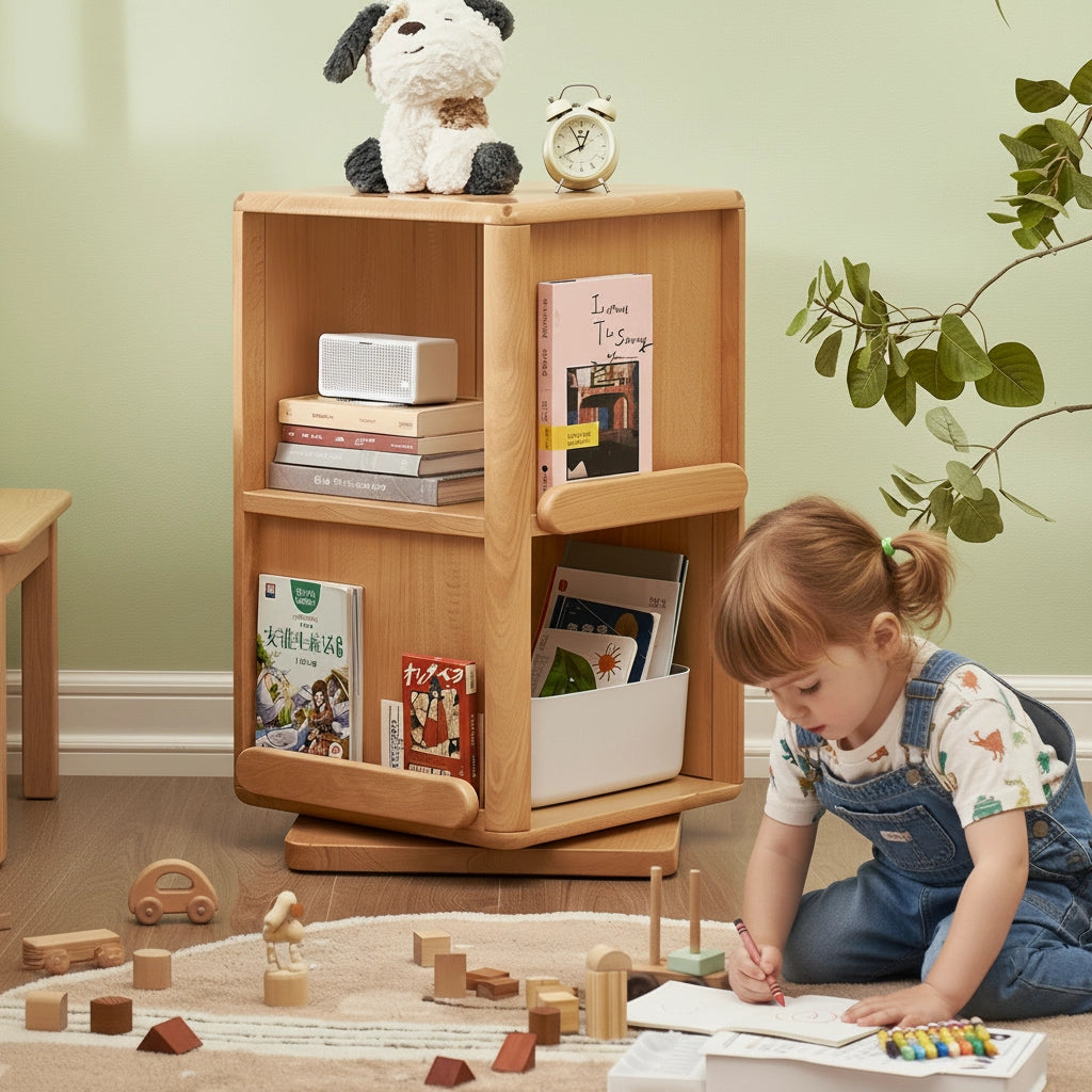Rotating Solid Beech Kids Bookshelf Montessori Book Storage Tower