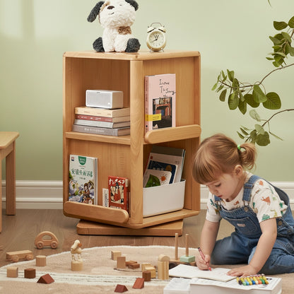 Rotating Solid Beech Kids Bookshelf Montessori Book Storage Tower