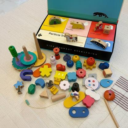 Toddler Lacing and Stacking Blocks Set, Solid Beech Wood