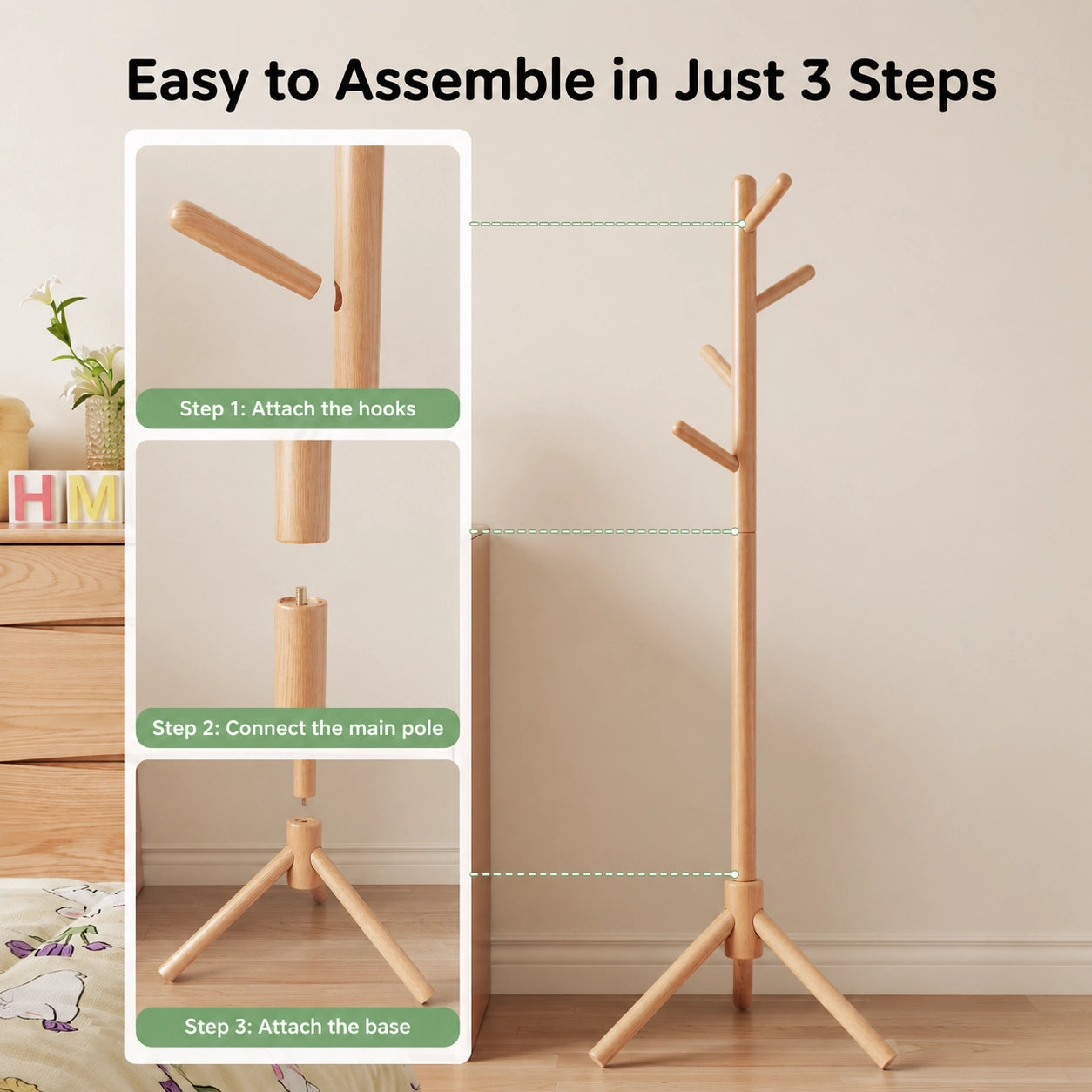 Adjustable Tree Coat Rack for Kids, Solid Wood