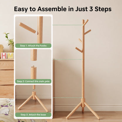 Adjustable Tree Coat Rack for Kids, Solid Wood
