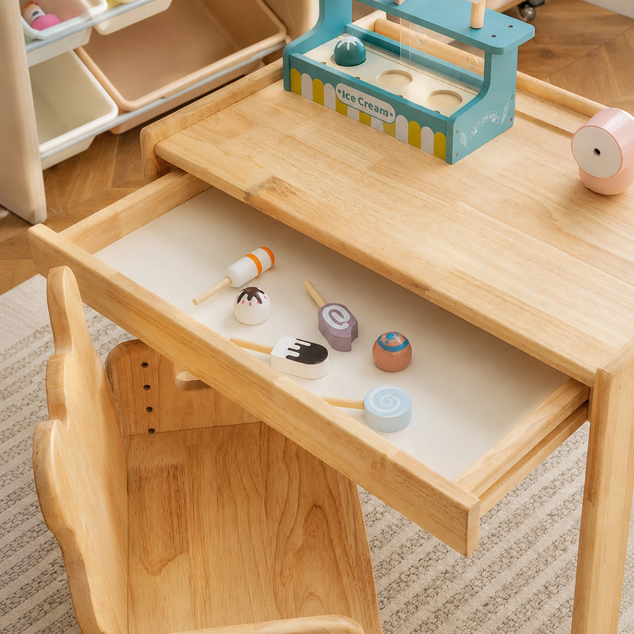 Adjustable Toddler Desk and Chair Set with Drawer, Solid Rubber Wood