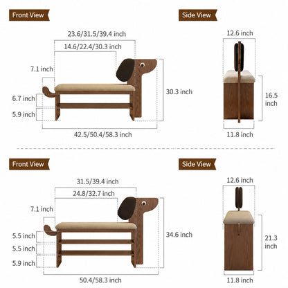 Dog-Shaped Shoe Storage Bench with Padded Seat, Solid Rubber Wood
