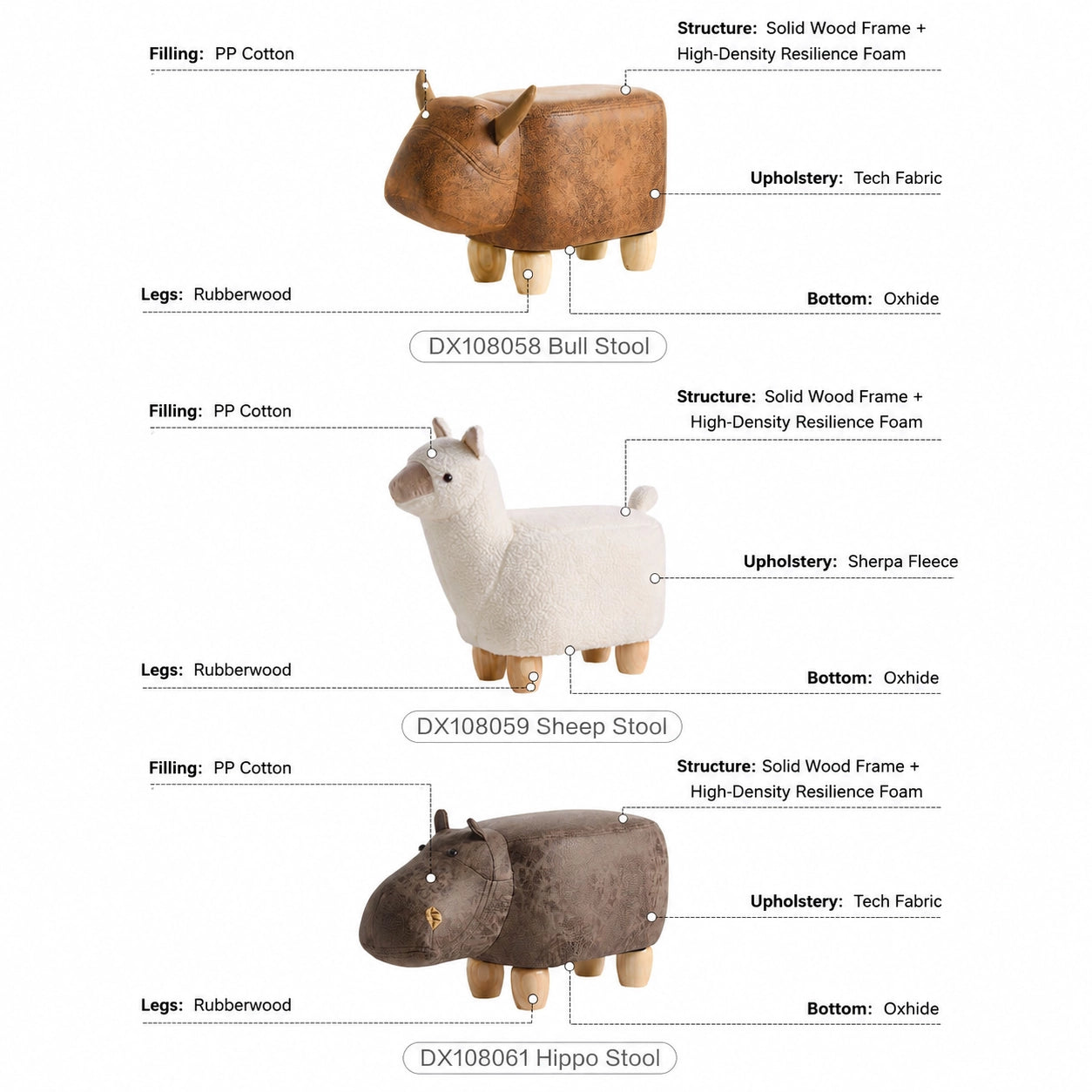 Children's Animal Footstool with Solid Wood Legs