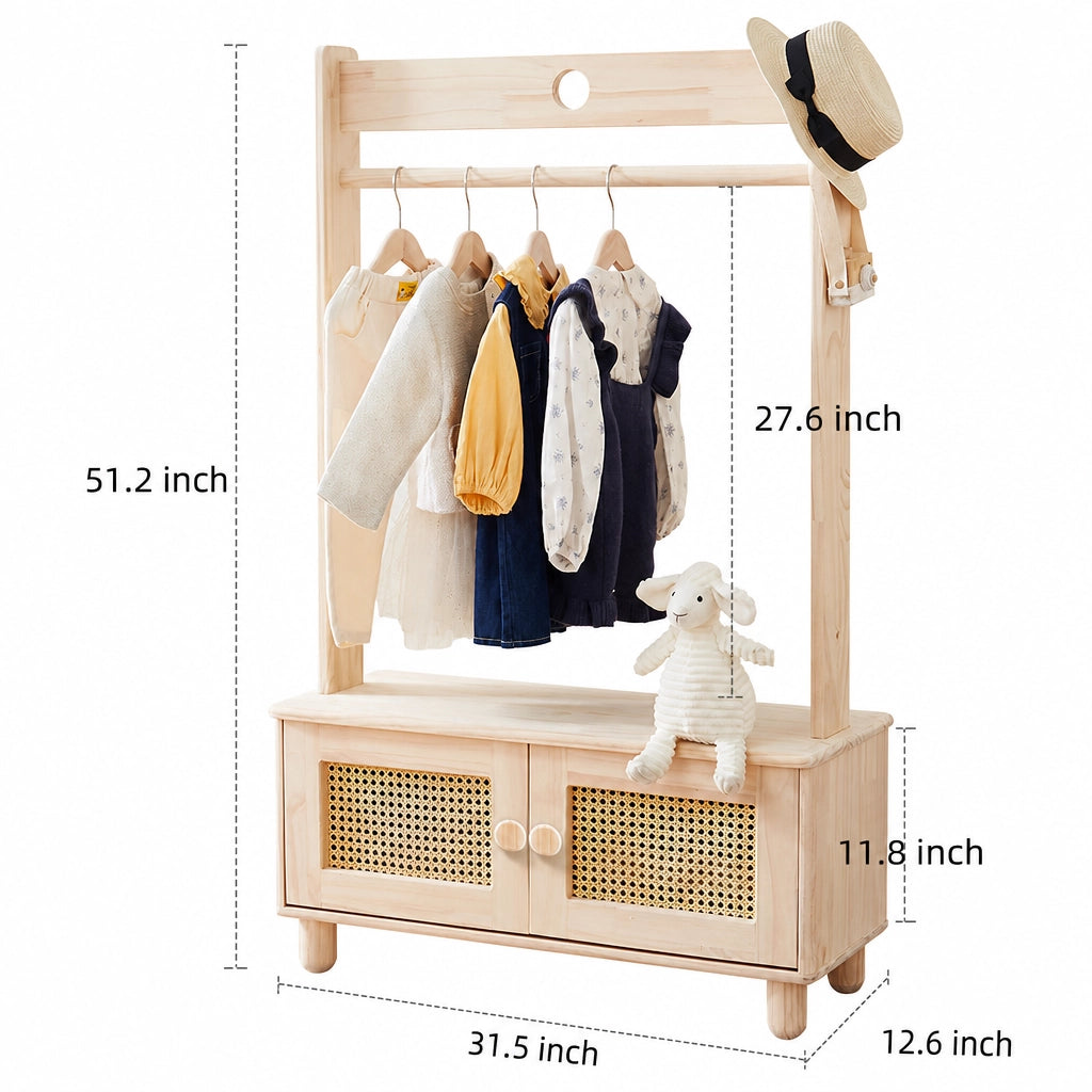 Kids Garment Rack with Rattan Storage Cabinet, Solid Pine