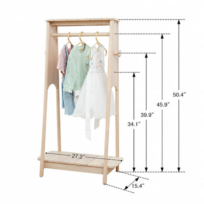 Adjustable kids clothing rack dimensions showing width of 27.2 inches and heights up to 50.4 inches