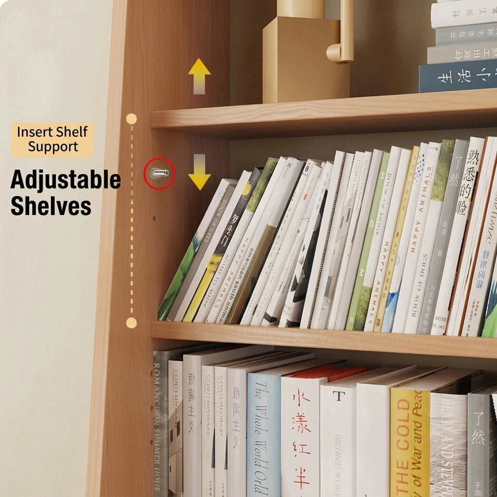 Close-up graphic demonstrating the adjustable shelf support mechanism of the wood bookshelf