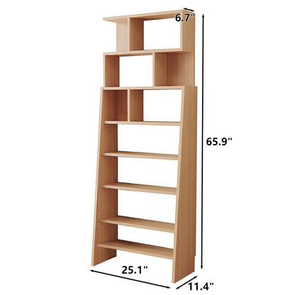 Eight-tier pine-core engineered wood adjustable ladder bookshelf measuring 11.4 inches deep and 65.9 inches high