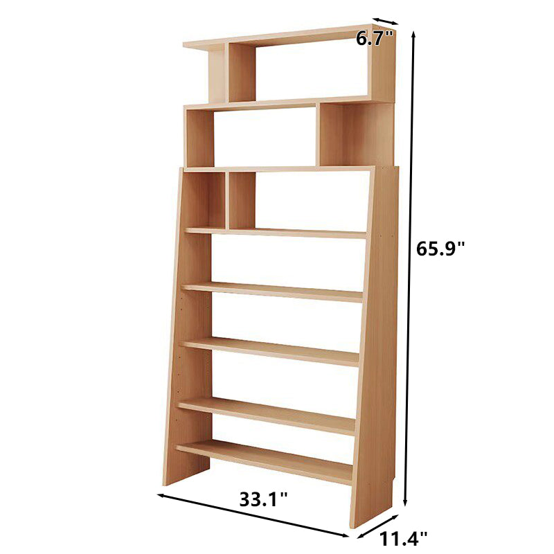 Eight-tier pine-core engineered wood adjustable ladder bookshelf measuring 11.4 inches deep and 65.9 inches high