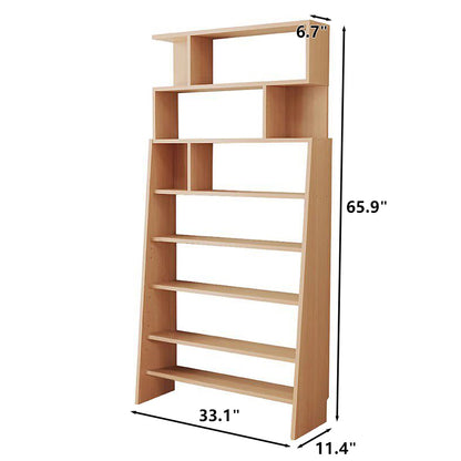 Eight-tier pine-core engineered wood adjustable ladder bookshelf measuring 11.4 inches deep and 65.9 inches high