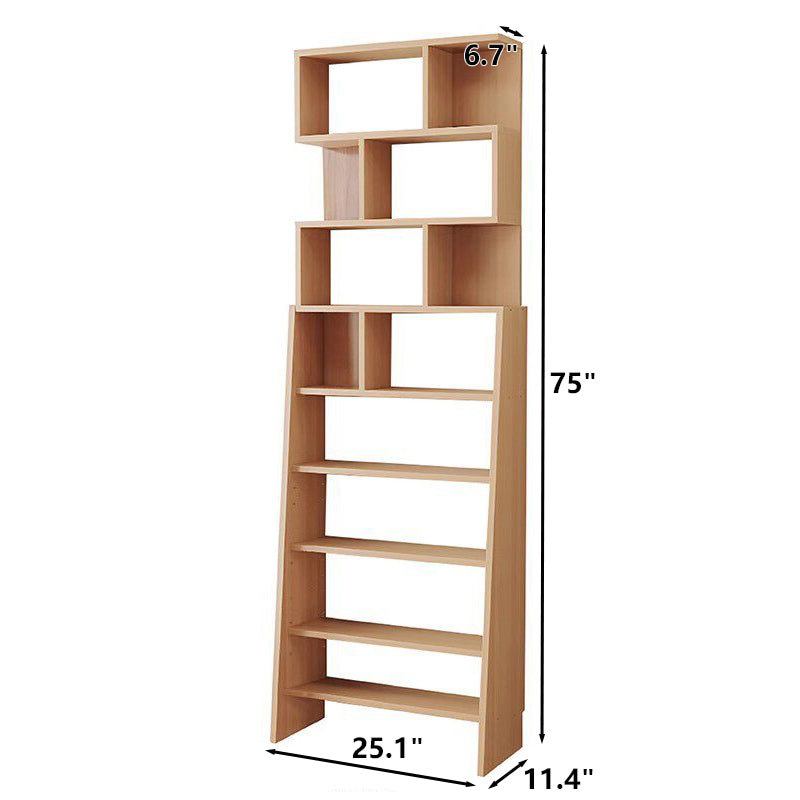 Dimension drawing of a nine-tier adjustable ladder bookshelf measuring 25.1 inches wide and 75 inches high