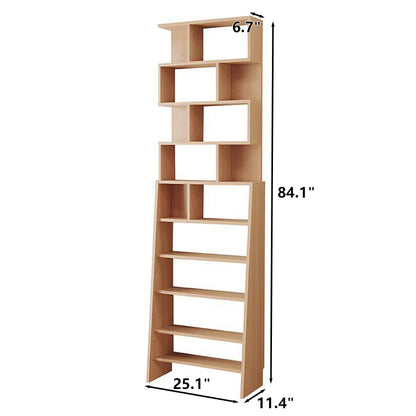 Ten-tier adjustable ladder bookshelf size chart showing measurements of 11.4 inches deep and 84.1 inches high