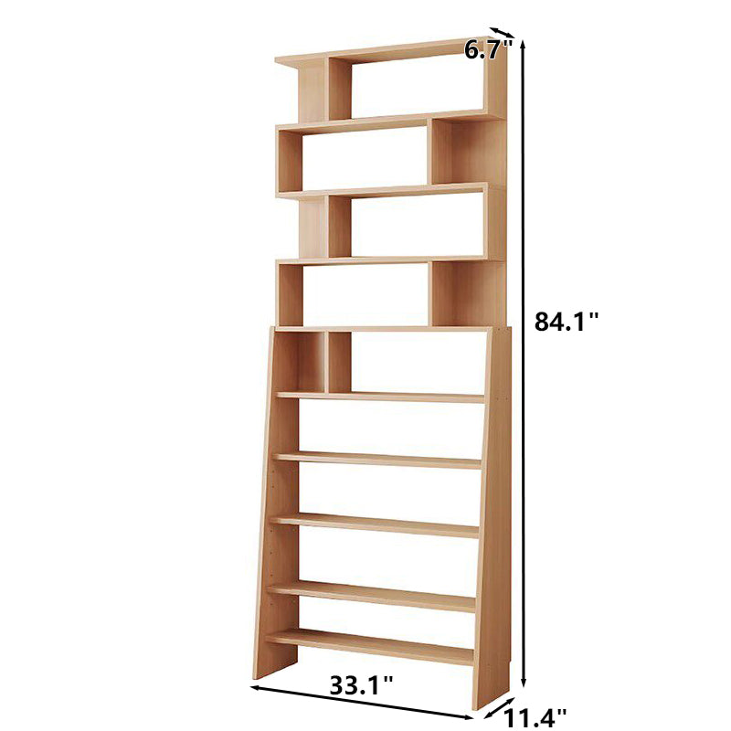 Ten-tier adjustable ladder bookshelf size chart showing measurements of 11.4 inches deep and 84.1 inches high