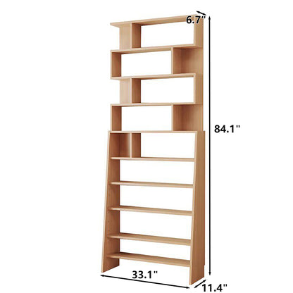 Ten-tier adjustable ladder bookshelf size chart showing measurements of 11.4 inches deep and 84.1 inches high