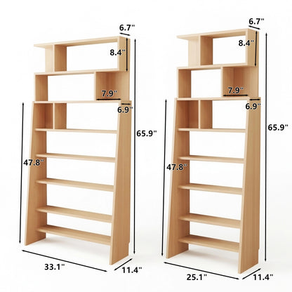 Dimension guide showing heights of 65.9 inches and widths of 33.1 and 25.1 inches for the bookshelves