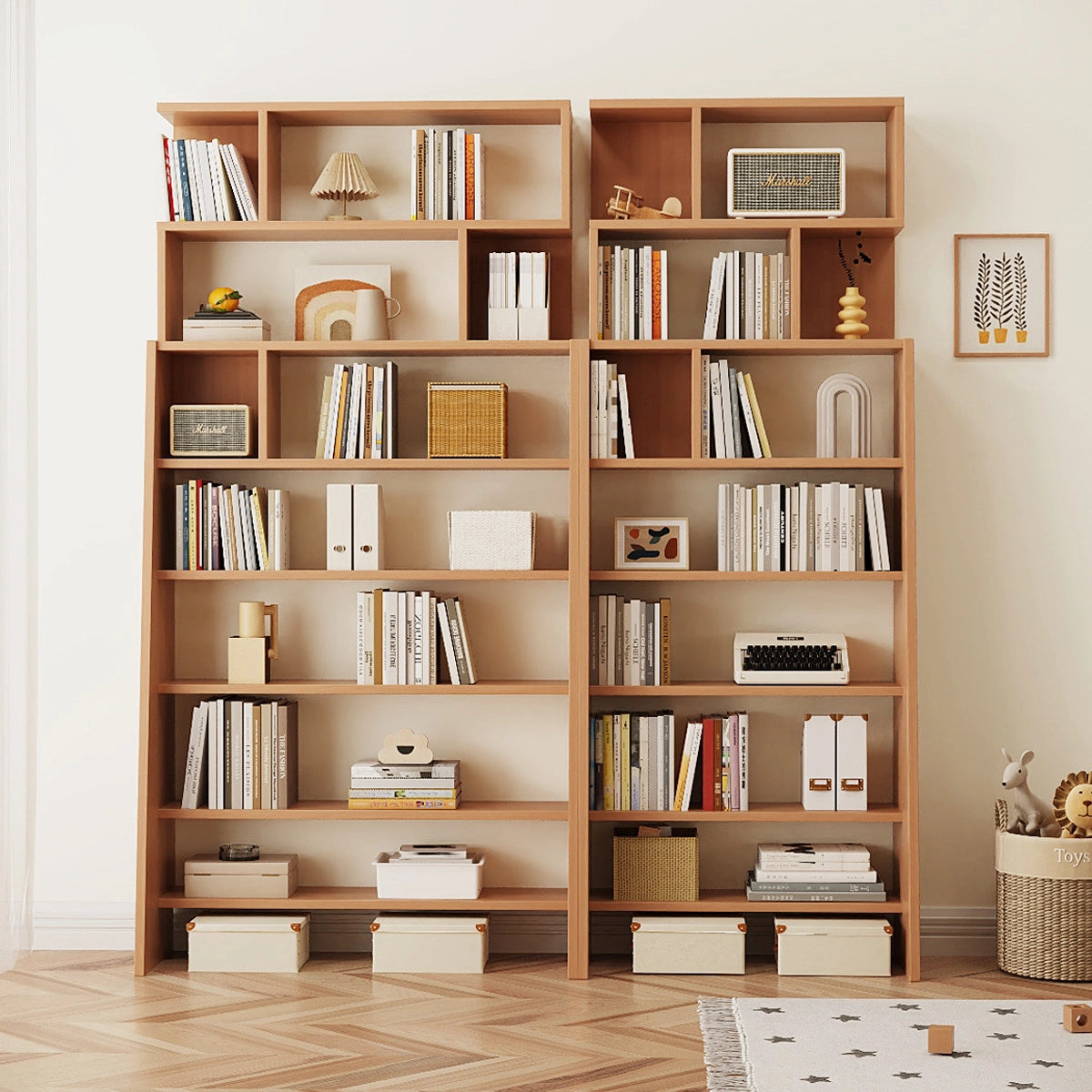 Front view of a double ladder bookshelf unit holding books, a speaker, and small baskets