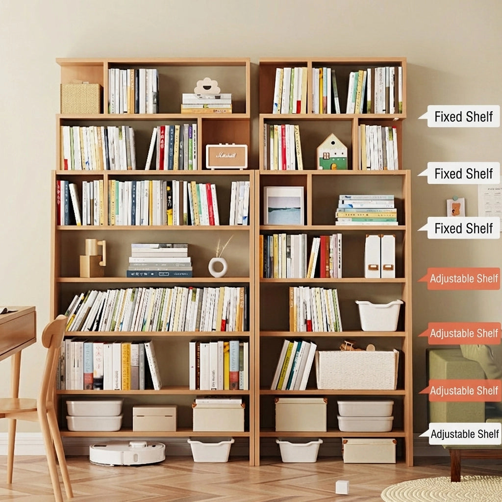 Storage layout diagram pointing out fixed and adjustable tiers on the kids ladder bookshelf