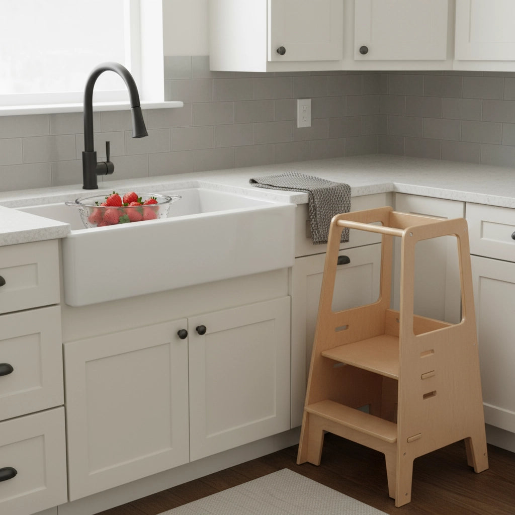 An empty birch plywood toddler standing stool placed by a white farmhouse kitchen sink with strawberries