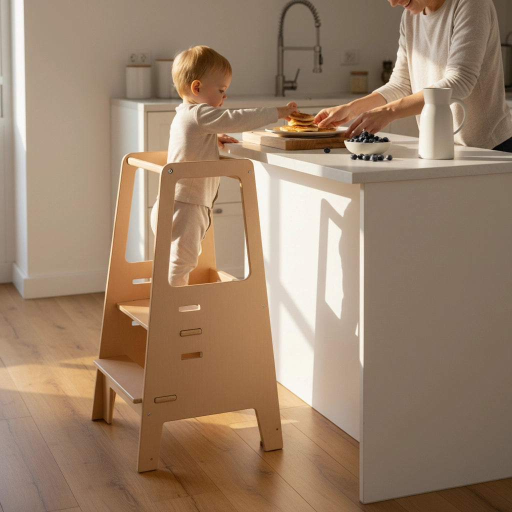 A toddler stands on the adjustable birch plywood standing stool helping an adult at a kitchen counter