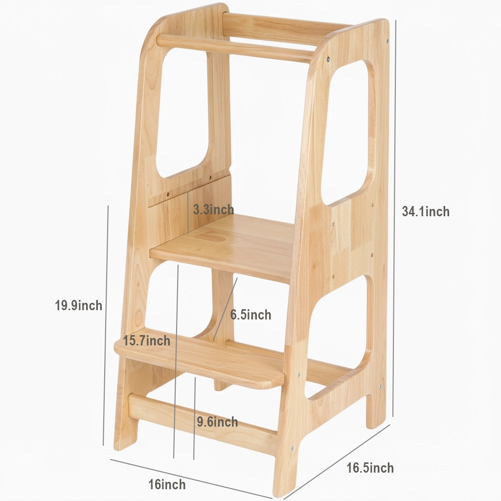 Solid rubberwood toddler standing stool dimension diagram showing 34.1 inches high and 16 inches wide