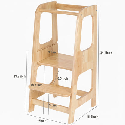 Solid rubberwood toddler standing stool dimension diagram showing 34.1 inches high and 16 inches wide