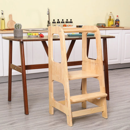 Front-angled view of the solid rubberwood Montessori standing stool next to a wooden dining table