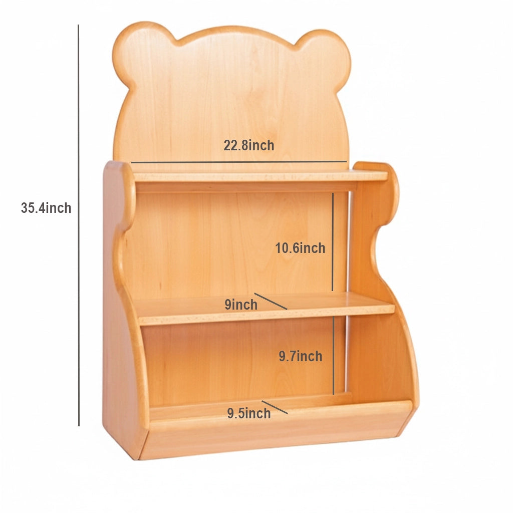 Empty bear-shaped kids bookshelf measuring 35.4 inches high and 22.8 inches wide with dimension lines