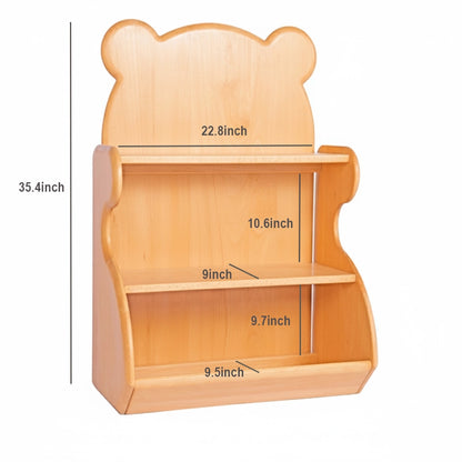Empty bear-shaped kids bookshelf measuring 35.4 inches high and 22.8 inches wide with dimension lines