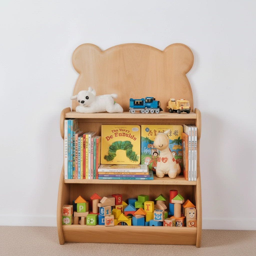 Front view of a solid beech wood bear-shaped kids bookshelf filled with toys and books against a white wall
